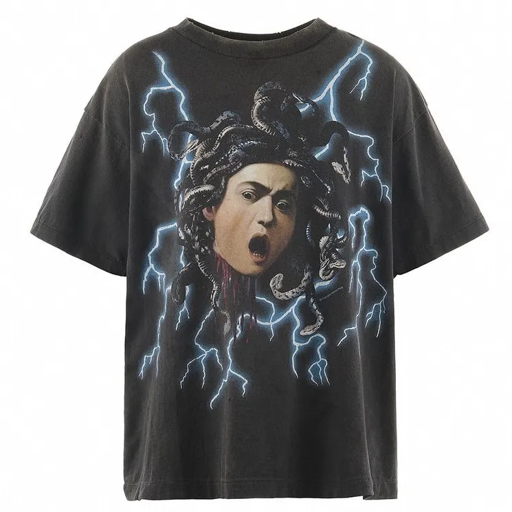 SAINT Mxxxxxx MEDUSA SS TEE/BLK Medusa Hydra retro sulfur-dyed short-sleeves, washed black S-XL, cylindrical fabric with no side seams, the open width is almost meaningless, Assute ready-to-wear dyeing, the whole piece faded, collar and cuffs frayed, many hangings, oversized printing position, genuine level restoration, customized joint main mark/wash mark/with little angel anti-counterfeiting
